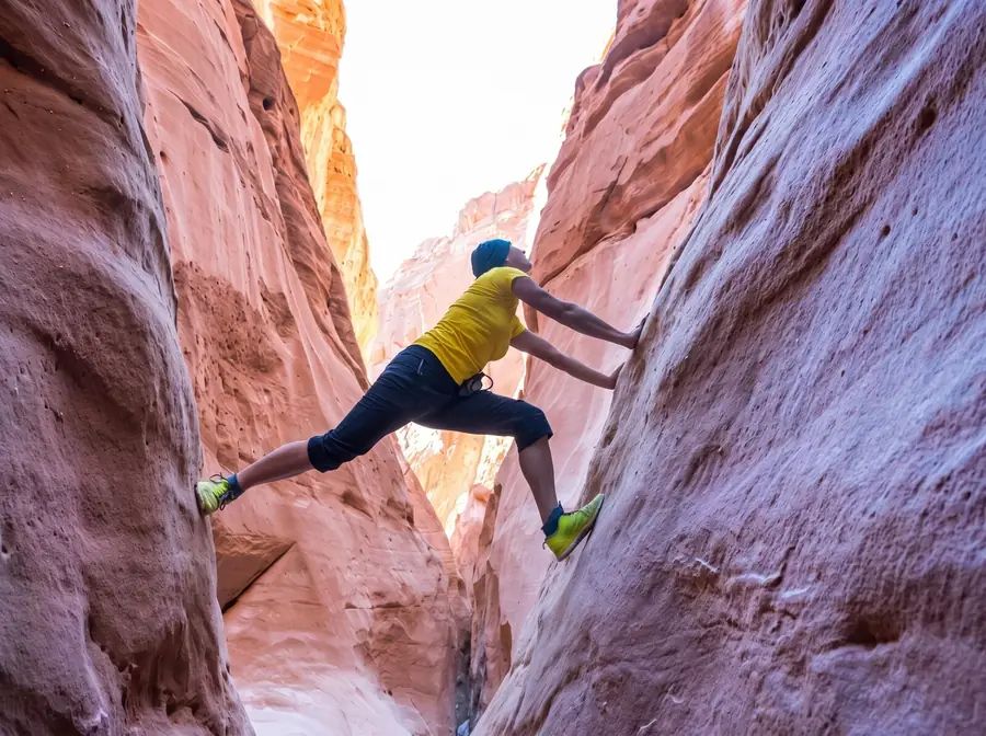A climber bridging the narrow red walls of Canyon Salama.