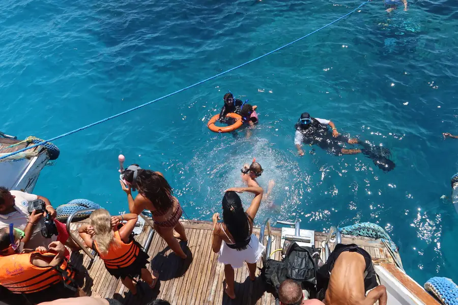 Snorkellers in the water off the back of the boat at Ras Mohamed.