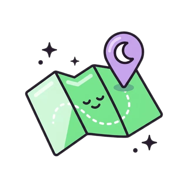 Illustration: a sleepy folded green map with a dotted path to a purple pin with a crescent moon, among the stars.