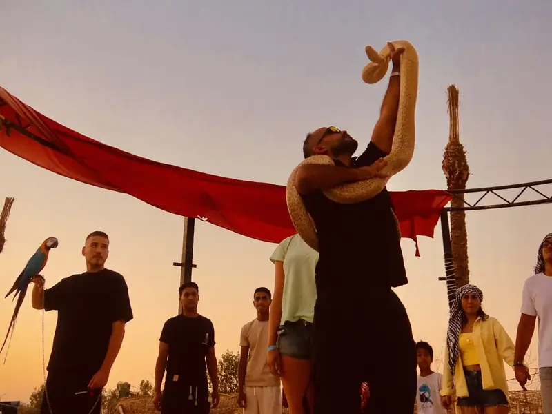 A folklore performance under the canopy lights at a desert camp.